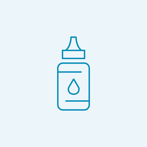 Illustration of a dropper bottle with a liquid droplet symbol on it, outlined in blue against a light gray background.