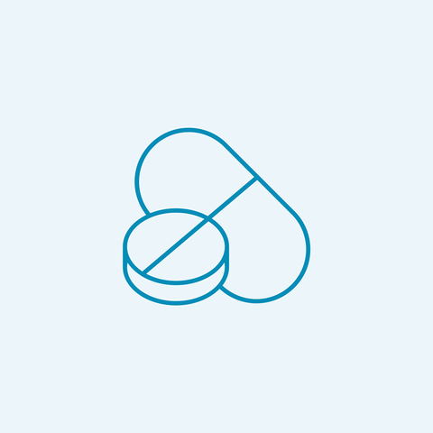 Line drawing of two pills: one round and flat, the other oval and elongated, overlapped on a light grey background.