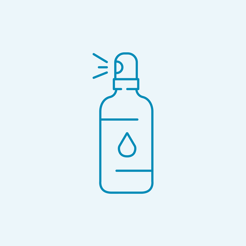 Line drawing of a spray bottle with a droplet symbol on its label, and curved lines indicating vapor coming from the nozzle, against a light blue background.