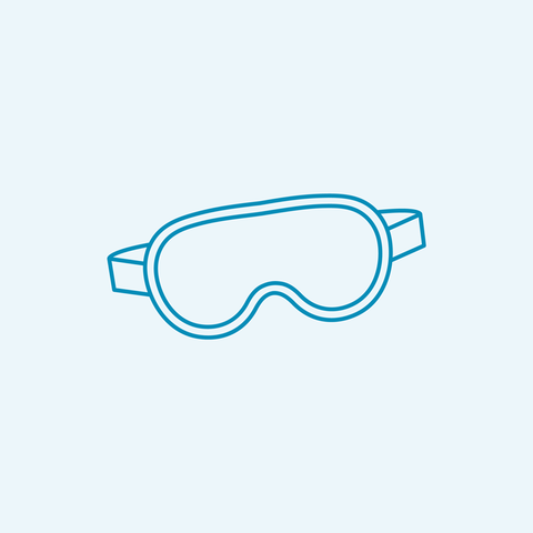 Illustration of a blue outline of a sleep mask on a light gray background. The mask has an elastic band and a simple, rounded design.