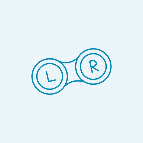 Illustration of a contact lens case with two compartments labeled L for left and R for right, connected by a central bridge. The case is outlined in blue against a light blue background.