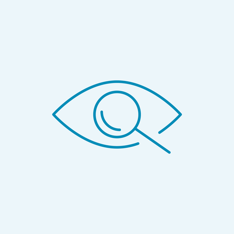 Line drawing of an eye with a magnifying glass inside the pupil, symbolizing a focus on vision or inspection. The design is in blue on a light gray background.