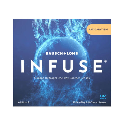 Blue box for Bausch & Lomb INFUSE™ One-Day for Astigmatism Contact Lenses – 90 Pack, featuring a glowing blue sphere, white text, ProBalance Technology, UV block, and 90 silicone hydrogel daily disposable soft contacts.