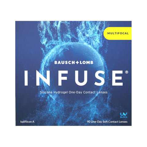 A 90-pack box of Bausch & Lomb INFUSE® One-Day Multifocal contact lenses, designed for presbyopia, with a blue water droplet-themed background and white text.