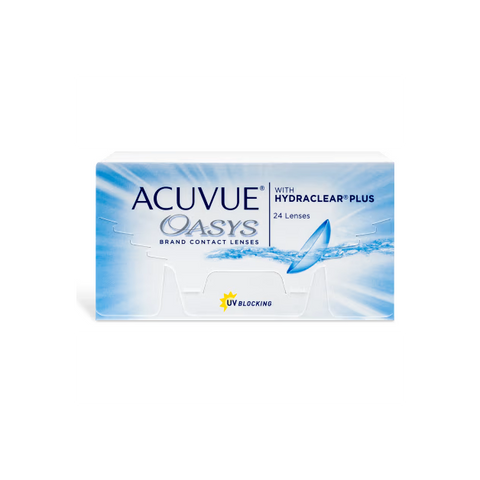 The Acuvue Oasys 24 Pack, from Acuvue, includes 24 lenses featuring HYDRACLEAR® PLUS Technology and an effective UV blocker, with packaging that highlights a water design.
