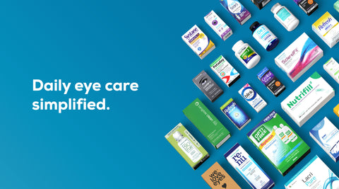 A collection of various eye care products, including eye drops, supplements, and cleansing wipes, arranged on a blue background. The text on the left reads, Daily eye care simplified.