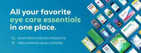 Promotional banner displaying various eye care products on a blue background. Text reads, All your favorite eye care essentials in one place. Features icons indicating over 500 products and free shipping on all orders.