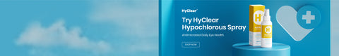 A promotional banner for HyClear Hypochlorous Spray featuring a bottle and box against a blue background with clouds. Text reads: Try HyClear Hypochlorous Spray - Antimicrobial Daily Eye Health. A heart with a medical cross is visible.