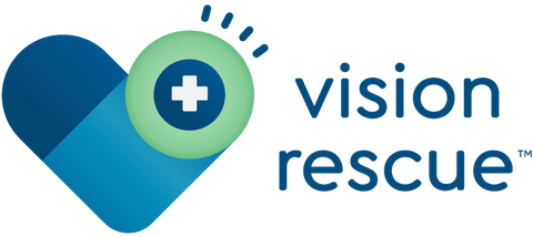 A blue heart with a green circle featuring a white medical cross on the left. The words vision rescue are on the right in blue text.