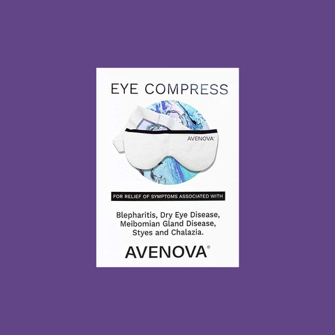 The image shows an Avenova Microwavable Heat Eye Compress Mask by NovaBay, set against a purple background. This reusable mask provides relief for blepharitis, dry eye disease, meibomian gland disease, styes, and chalazia.