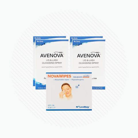 Two bottles of Avenova Hypochlorous Spray Solution (20ml or 40ml) 2-Pack and a box of Novawipes (Professional Strength) by Avenova, all in blue and white packaging that highlights their eyelid cleanser benefits.