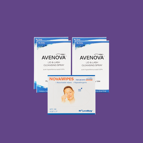 Avenova Hypochlorous Spray Solution (2-pack, 20ml or 40ml bottles) with Novawipes by Avenova, shown with a woman using the spray for eyelid cleansing, all set against a purple background.