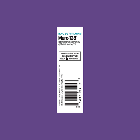 Bausch + Lombs Muro 128 Eye Drops, a 5% solution for temporary corneal edema relief, feature a protective seal to ensure yellow color integrity, with a barcode and company details on a purple background.