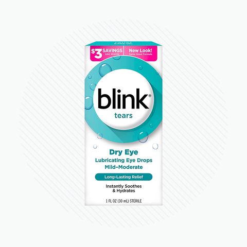 The image displays Bausch + Lombs Blink Tears Lubricating Eye Drops, designed for Mild-Moderate dry eye relief with Long-Lasting Relief. The pink label highlights savings and a new look, making it perfect for those seeking effective eye lubrication.
