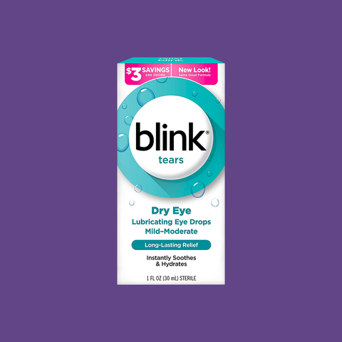 Displayed against a purple background, a box of Blink Tears Lubricating Eye Drops by Bausch + Lomb offers $3 savings and a fresh new look, promising to soothe and hydrate dry eyes with long-lasting relief. The package contains 1 fl oz.