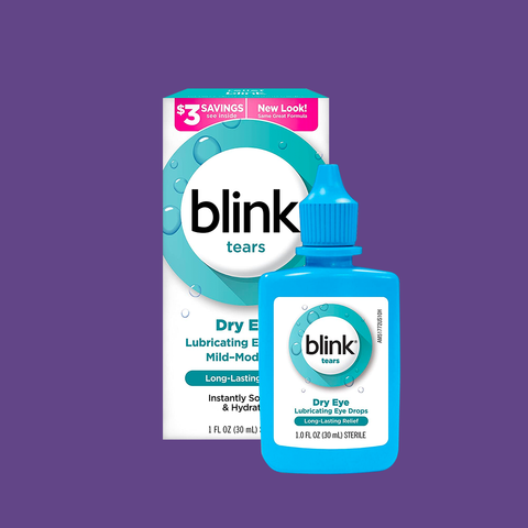 A bottle of Bausch + Lombs Blink Tears Lubricating Eye Drops is shown with its blue and white box, aimed at relieving dry eyes. A pink label advertises a $3 savings offer, all set against a purple background.