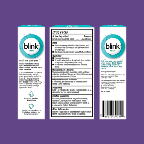 An image of Blink Tears Lubricating Eye Drops by Bausch + Lomb on a purple background. The packaging has three panels: the front shows the logo and tear drop design; a side panel highlights dry eye relief benefits; and the back lists drug facts, ingredients, and usage directions.
