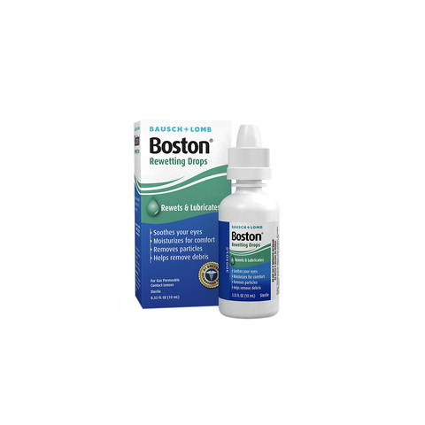 Image of Boston Rewetting Eye Drops for Gas Permeable Contact Lenses, 0.33 Fl Oz by Bausch + Lomb. The upright box and small white bottle with pointed cap enhance lens wettability, soothe eyes, moisturize, and remove particles.