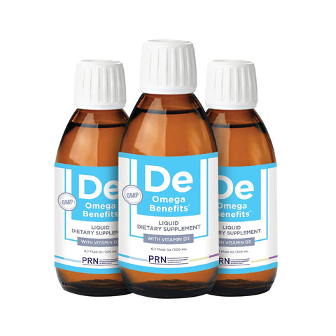 Three amber bottles of PRN Omega Benefits Liquid (4 Month Supply, 3 x 6.7 oz.) by PRN - Physician Recommended Nutriceuticals, each with a white cap and blue label, are arranged closely together against a white background.