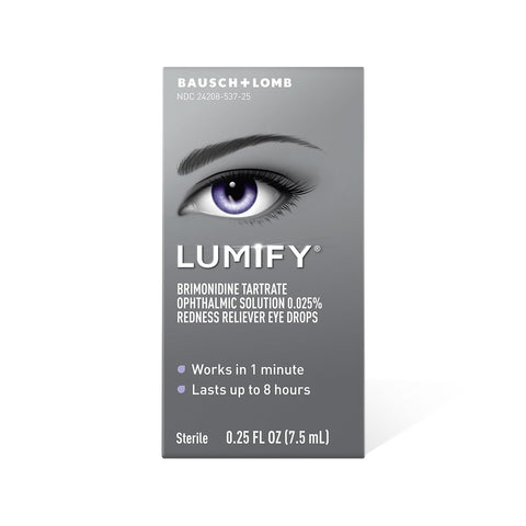 A gray box of Bausch + Lomb Lumify Eye Drops (2.5mL or 7.5mL) features a stylized eye and highlights fast-acting redness relief with effects in 1 minute, lasting up to 8 hours. Available in 1 or 3 month supplies.
