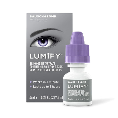 A box and bottle of Bausch + Lomb Lumify Eye Drops (2.5mL or 7.5mL, 1 or 3 month supplies); the gray box shows a purple eye illustration, while the bottle has a purple cap and matching branded label.