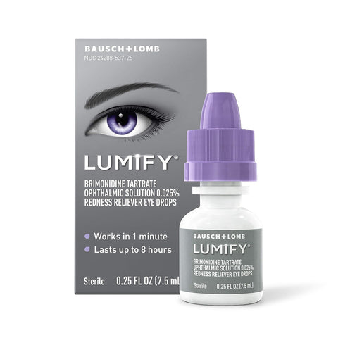 A box and bottle of Bausch + Lomb Lumify Eye Drops (2.5mL or 7.5mL), with a purple cap and eye image on the box, highlight fast redness relief with brimonidine and up to 8-hour effects; available in 1 or 3 month supplies.