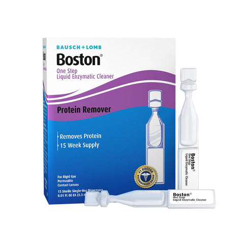 Bausch + Lombs Boston One Step Liquid Enzymatic Cleaner for RGP lenses highlights its protein-removing efficacy; the packaging includes a box with 15 single-dose dispensers, promising a 15 Week Supply to keep your lenses clean and clear.