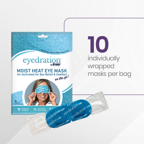 The Bruder Eyedration Air-Activated Steam Mask packaging is shown beside an unwrapped mask, providing dry eye relief. The text indicates 10 individually wrapped masks per bag. The blue mask, with white labeling, delivers comfort through air-activated moisture.