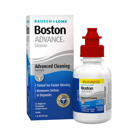 The Bausch + Lomb Boston Advance Cleaner Solution for gas permeable contact lenses comes in a blue box with a white bottle and red cap. It features an Advanced Cleaning Formula for quick rinsing and debris removal, including lipid deposits, with 1 Fl Oz (30 ml) of solution.