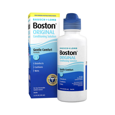 The Bausch + Lomb Boston Original Conditioning Solution for RGP Contact Lenses (3.5 oz) features a Gentle Comfort Formula that effectively disinfects, cushions, and wets gas permeable lenses and prominently displays trusted branding on its bottle and box.