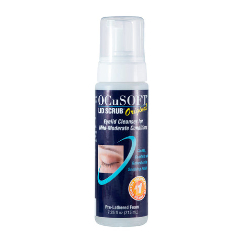 The OCuSOFT Lid Scrub Original Foaming Eyelid Cleanser, a 7.25 fl oz (215 ml) pump-top bottle, is displayed with emphasis on its cleaning and soothing properties for mild to moderate conditions.