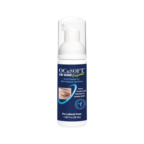 Image of an OCuSOFT product, the Ocusoft Lid Scrub Original Foaming Eyelid Cleanser. It features a pump dispenser and contains 1.68 fl oz (50 mL) of pre-lathered foam, designed to cleanse and refresh mild to moderate conditions.