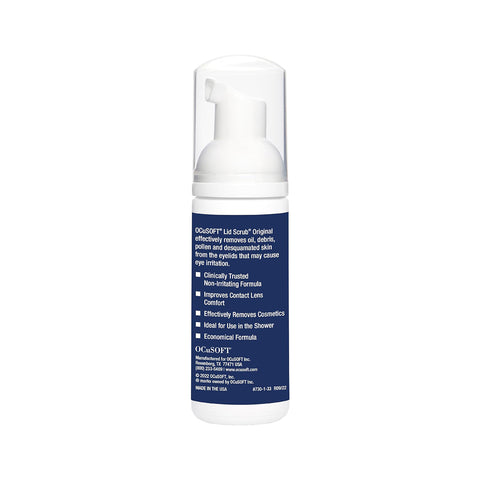 The OCuSOFT Lid Scrub Original Foaming Eyelid Cleanser, featuring a blue label with white text, boasts a non-irritating formula that effectively removes cosmetics, ensuring comfort even for shower use.
