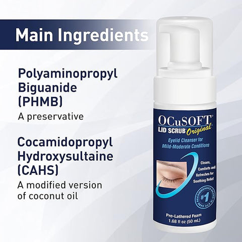 Image of an Ocusoft Lid Scrub Original Foaming Eyelid Cleanser bottle. The label highlights Polyaminopropyl Biguanide as a preservative and Cocamidopropyl Hydroxysultaine from coconut oil for gentle yet effective cleansing.