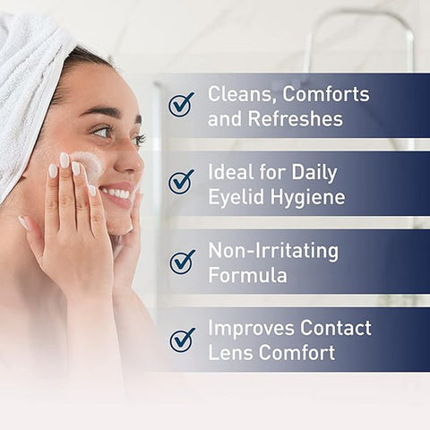 A person wrapped in a towel smiles while using OCuSOFT Lid Scrub Original Foaming Eyelid Cleanser, which cleans, comforts, refreshes, and is ideal for daily eyelid hygiene. Its non-irritating formula also enhances contact lens comfort.