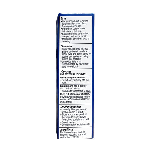 Side view of OCuSOFT Ocusoft HypoChlor Spray Eyelid & Eyelash Cleaner (2 oz) box, detailing uses, directions, warnings, and ingredients. The predominantly blue and white packaging highlights its role as an effective eyelid cleanser featuring hypochlorous acid for eye hygiene.