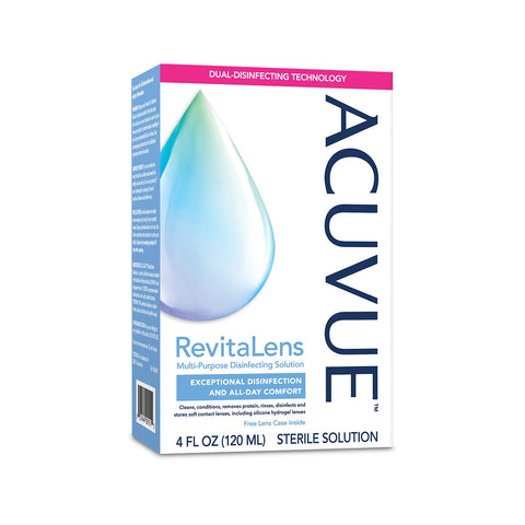 The Johnson and Johnson ACUVUE RevitaLens Multi-Purpose Solution (4oz + Lens Case) features a large water droplet design and emphasizes dual-disinfecting technology to safeguard contact lenses from bacteria, providing 120 ml of sterile solution for effective lens care.