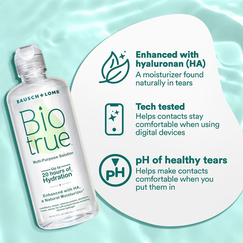Image of a Bausch + Lomb Biotrue Multi-Purpose Contact Lens Solution 2-Pack (10oz x 2) bottle on a soft green background. Text highlights features: Contains hyaluronan for lens hydration, engineered for comfort with digital devices, and pH optimized for silicone hydrogel contact lenses.