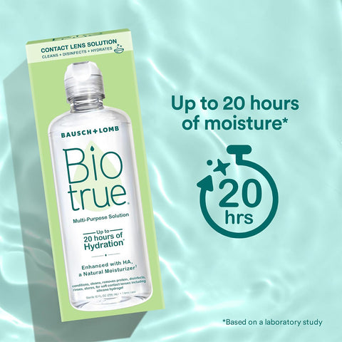 Image of Bausch + Lomb Biotrue Multi-Purpose Contact Lens Solution 2-Pack (10oz x 2) bottle and packaging floating on water. Text highlights Up to 20 hours of moisture and Enhanced with HA, a Natural Moisturizer, ideal for silicone hydrogel lenses. A clock icon indicates 20 hrs.