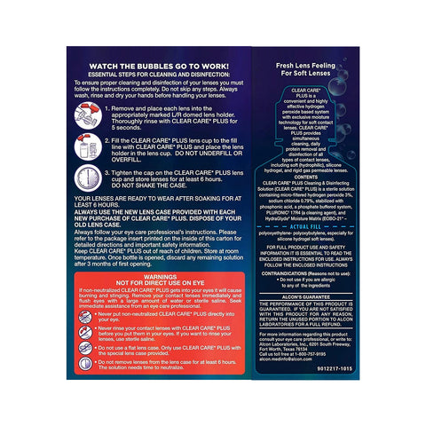 The Alcon Clear Care Plus Cleaning Solution with Hydraglyde, Travel Size (3oz - 90mL), includes a pamphlet detailing hydrogen peroxide cleaning steps, dos and donts, and warnings to prevent eye irritation.