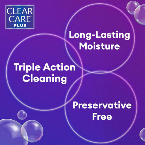 A Venn diagram on a purple background showcases the Alcon Clear Care Plus Cleaning Solution with HydraGlyde logo. Circles labeled Triple Action Cleaning, Long-Lasting Moisture, and Preservative Free emphasize features like hydrogen peroxide disinfection, surrounded by bubbles.