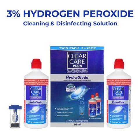 Alcons Clear Care Plus Cleaning Solution with Hydraglyde comes in a twin pack, featuring two 12 oz bottles and a lens case for hydrogen peroxide cleaning and disinfecting.