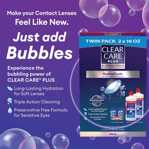 The Clear Care Plus Cleaning Solution with HydraGlyde by Alcon features triple-action hydrating and preservative-free cleaning in a twin pack of 12 oz bottles. It showcases blue caps set against a purple background with bubbles and bold white text highlighting the HydraGlyde moisture formula and hydrogen peroxide cleaning.