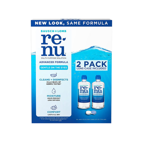 Two bottles of Bausch + Lomb Renu Advanced Contact Lens Solution, each 12 fl oz, are shown in packaging. The package mentions: gentle on eyes, cleans/disinfects, retains moisture, and offers comfort. This two-pack for soft lenses includes a lens case for convenience.