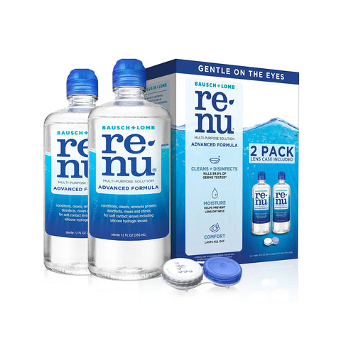Two bottles of Bausch + Lomb Renu Advanced Contact Lens Solution, 12 fl oz each, sit beside a box labeled Gentle on the Eyes. A blue and white lens case is included. The packaging emphasizes its cleaning, disinfecting, and comfort features for superior soft contact lens care.