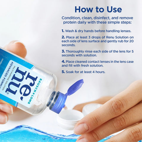 Close-up of someone using Bausch + Lombs Renu Advanced Contact Lens Solution. The hand tilts the 12 fl oz bottle to pour, with instructions on conditioning, cleaning, disinfecting, and protein removal for optimal soft lens care displayed on the right.