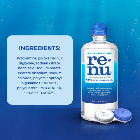 A Bausch + Lomb Renu Advanced Contact Lens Solution (2 x 12 fl oz) is next to a white and blue lens case. Ingredients such as poloxamine and diglycine are shown against a bubble-accented blue backdrop, ensuring thorough lens care.