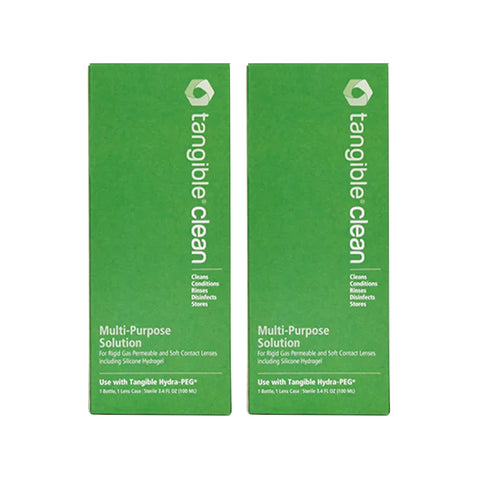 Two Tangible Clean green boxes, travel-friendly at 3.4oz each, hold a multipurpose contact lens solution. They emphasize compatibility with Tangible Hydra-PEG while ensuring lenses are pristine on the go.