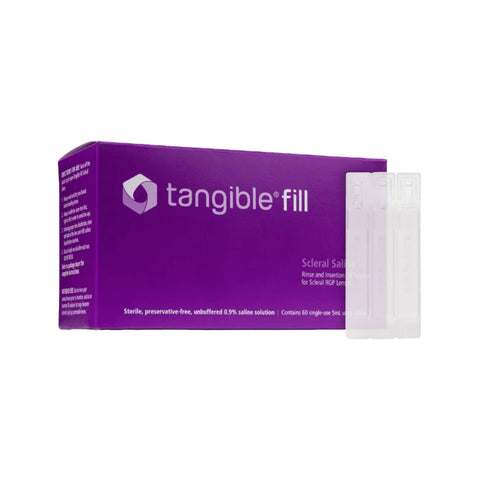 A rectangular purple Tangible Fill box sits beside two upright clear vials of preservative-free saline solution. With white text and a geometric logo, this pack of 60 vials is ideal for dry eye patients and scleral lens users.