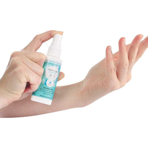 A person sprays Vibrant Vue Contact Lens Hand Prep from Visionary Optics onto an extended forearm, with a white bottle featuring a turquoise label and contact lens image, fingers ready to press the nozzle for superior protection.